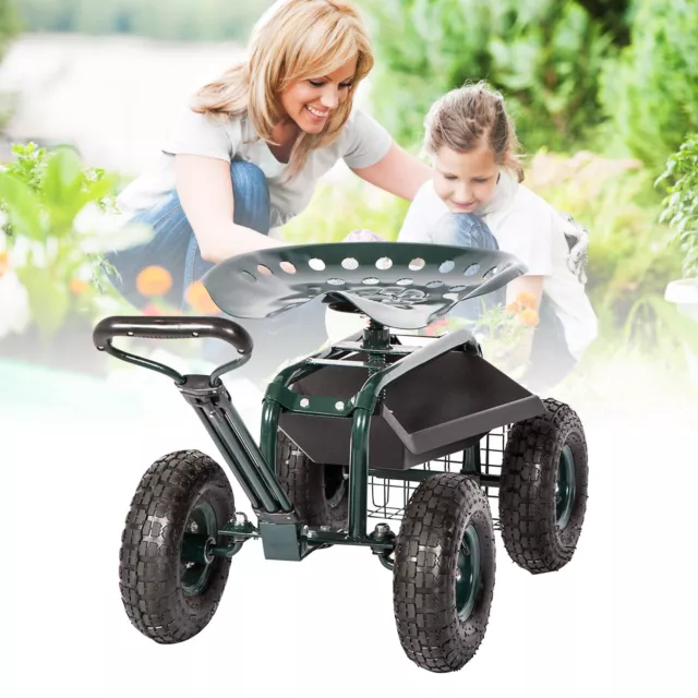 Garden Cart Rolling Work Seat w/ Tool Tray Heavy Duty Scooter Gardening Planting