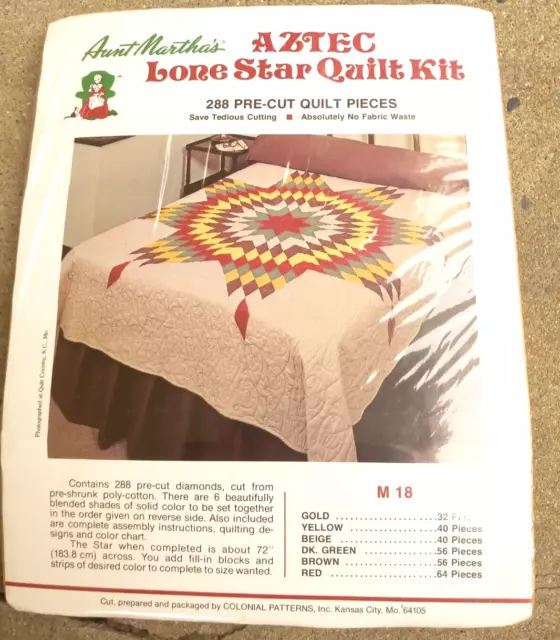 Vtg Aunt Martha's Aztec Lone Star Quilt Kit M18 Pre-Cut Pieces Quilting Sew NOS