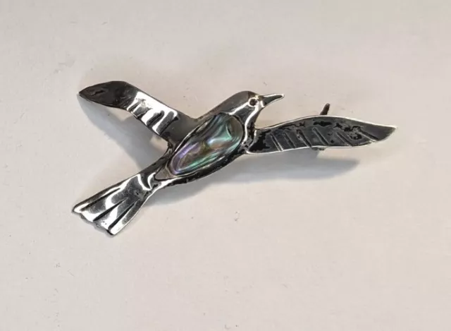 Vintage Flying Bird Abalone Inlay Taxco JAE 925 Sterling Silver Brooch Mexico