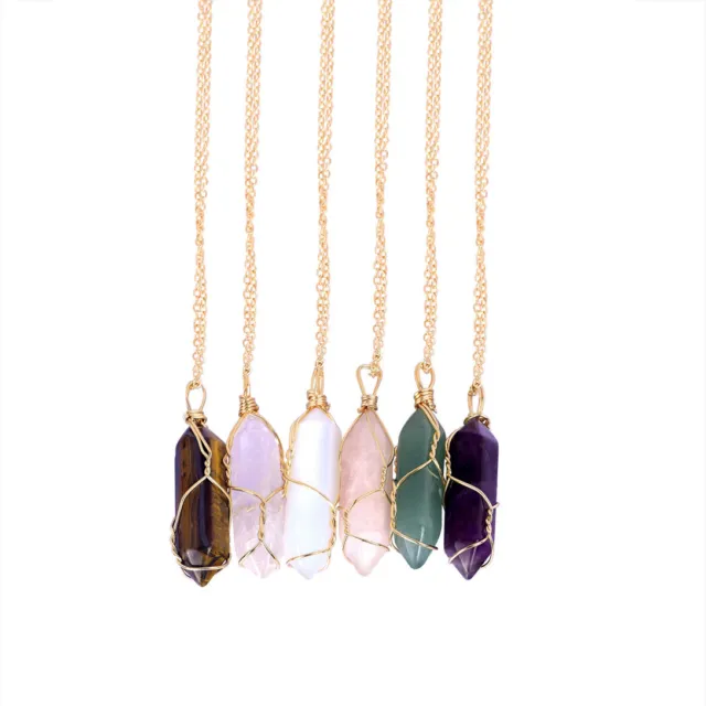 Natural Gemstone Chakra Stone Pendant Energy Healing Crystal with Chain Necklace 7
