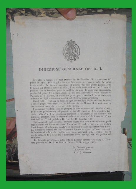 Regno delle Due Sicilie - EDITTO SUL NUOVO GIOCO DELLE CARTE LEGALE Palermo 1845 Regno delle Due Sicilie - EDITTO SUL NUOVO GIOCO DELLE CARTE LEGALE Palermo 1845