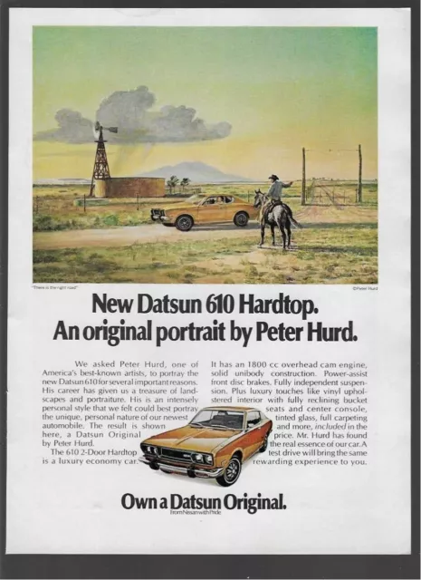 1973 Datsun Yellow 610 Hardtop Cowboy Western art by PETER HURD Vintage Print Ad