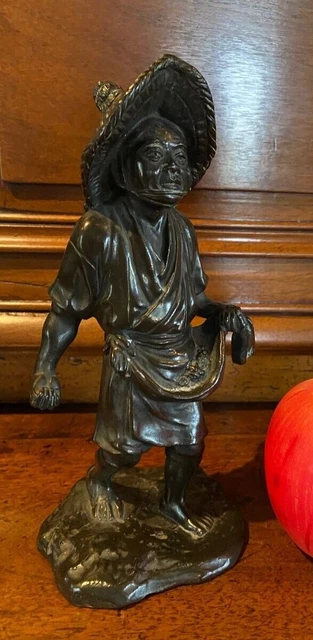 Antigua estatua de bronce escultura japonesa arte asiático grabado campesino Meiji rara 20