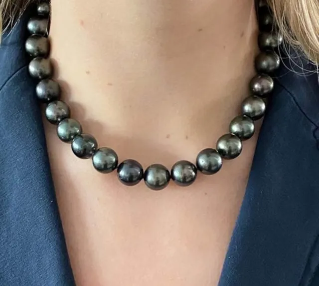 Large South Sea Black Tahitian Cultured Pearl Necklace 14-16Mm Valentines Gift!!