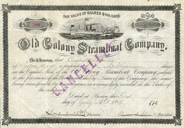 1893 Old Colony Steamboat Stock Certificate