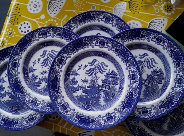 6 x English Ironstone Tableware Old Willow Blue & White Dinner Plates