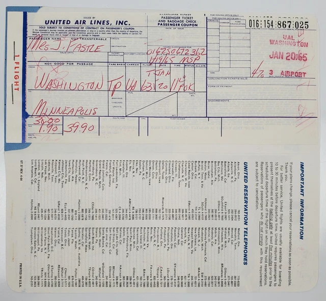 VINTAGE UNITED AIRLINES Flight Ticket Washington DC To Minneapolis 1965