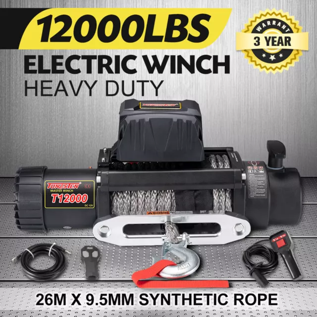 Tungsten 12V 12000lbs Electric Winch Synthetic Rope Wireless Remote Recovery