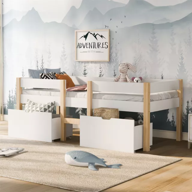 Kinderbett Einzelbett Massivholz Bett mit Rausfallschutz und Schubladen Hochbett