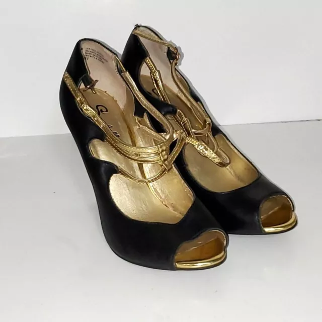 Seychelles Women's Heels Mary Jane Blocky Heel Gold Straps Open Toed Shoes 8.5