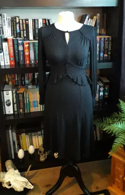 Vintage Cottage Core Dark Academia 40S  Black Peplum Spot Midi Tea Dress 6-8