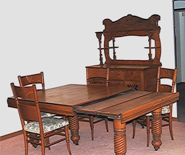 Antique 19th Century Oak Dining Room Set Extension Table Buffet