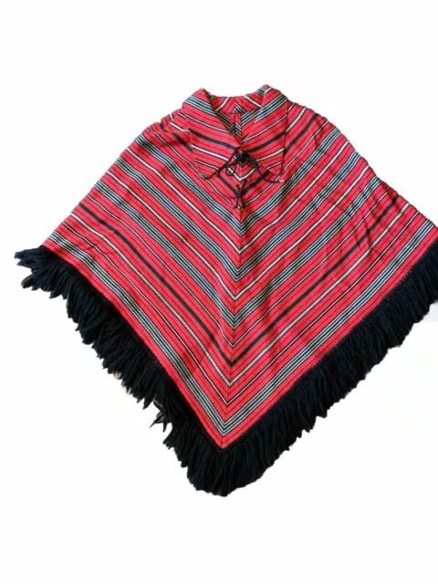 VTG 60S 70S Pointed Collar Fringe Poncho Shawl Red Black Green Woven ...