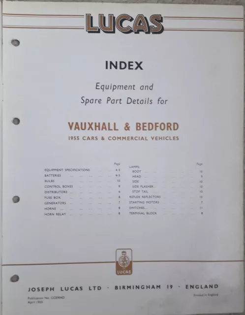 VAUXHALL & BEDFORD CARS & COMMERCIAL VEHICLES, 1955 Lucas Spare Parts List 2