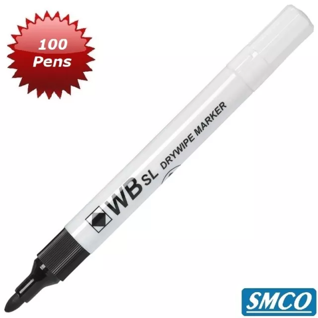 100 BLACK DRYWIPE Whiteboard BULLET TIP Marker Pens DRY ERASE Medium Tip WB BRD