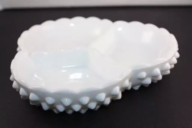 Vintage Fenton White Milk Glass Hobnail Divided Candy Dish Relish Olive Tray