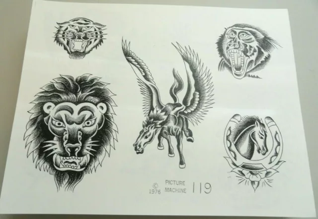 Vtg 1976 Picture Machine Spaulding Rogers Tattoo Flash Sheet 119 Lion Baboon