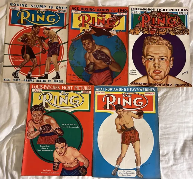 1940 THE Ring Boxing Lot of 5 JOE LOUIS Henry ARMSTRONG Lou AMBERS Lee SAVOLD