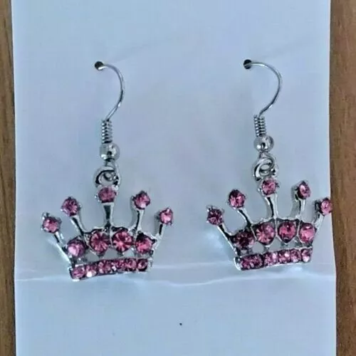 Girls Pink Gemstone Crown Princess Pierced Earrings Bnip