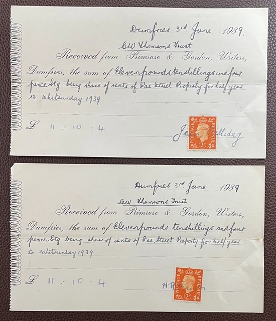 1939 2 x Primrose & Gordon, Writers, Dumfries Receipts