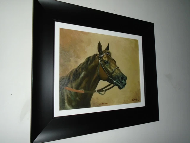Original oil painting on canvas of famous horse set within black frame signed