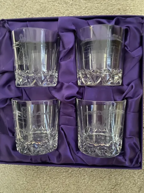 Set of 4 Boxed Edinburgh Crystal Etched Golfer Whisky Glasses