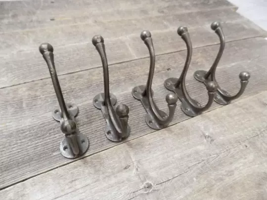 5 Iron Coat Hooks Antique Style Cast Iron 3 3/4" Wall Double Restoration