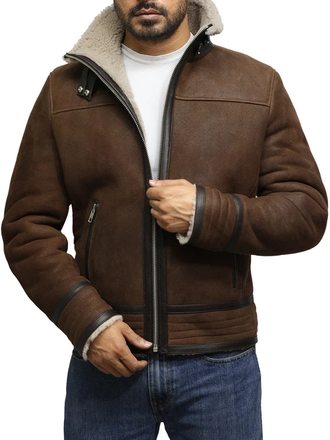 Mens Classic Shearling Sheepskin Leather Bomber RAF Flying Aviator Jacket Brown