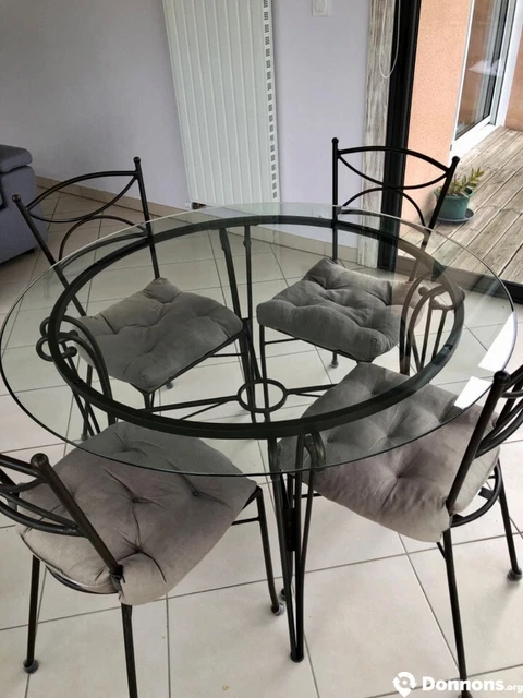 Table Ronde Verre + 4 Chaises Fer Forgé – Marron, 110 Cm, Intérieur/extérieur
