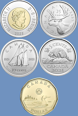 Set of Five 2021 Canada Coins Mint UNC Toonie, Loonie to Nickel $2 $1 25c 10c 5c