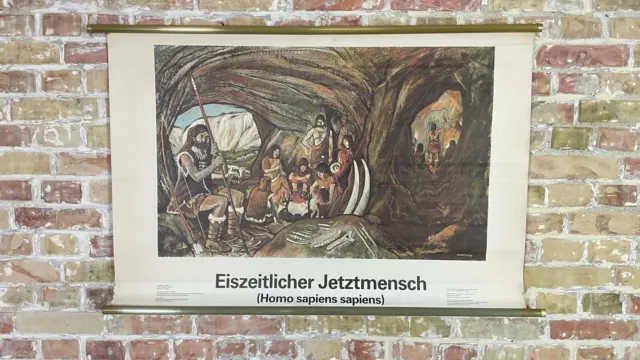 Alte Schulkarte Schulwandkarte Rollkarte School Map Vintage Eiszeitmensch #123