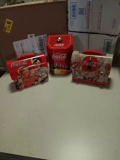 Vintage Coca Cola Mini Handled Lunchbox Metal Tin Lunch Pail Box Set