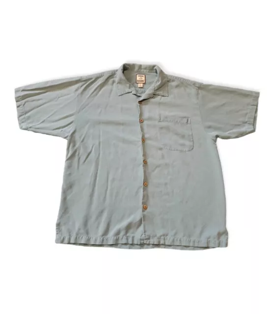 Tommy Bahama Hawaiian Button Up Men Large Original Greenish Gray Shirt 100% Silk