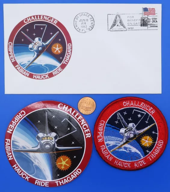 STS-7 Trio vtg POSTAL COVER / Sticker / Patch Space Shuttle SALLY RIDE - NASA