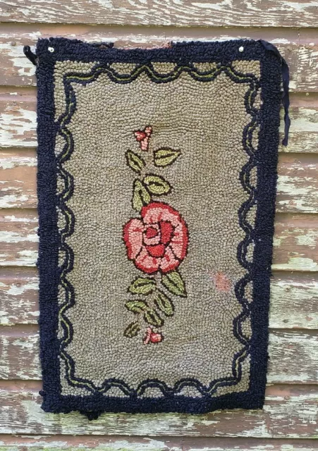 Antique Folk Art Primitive Handcrafted Floral Hooked Rug Needs Work