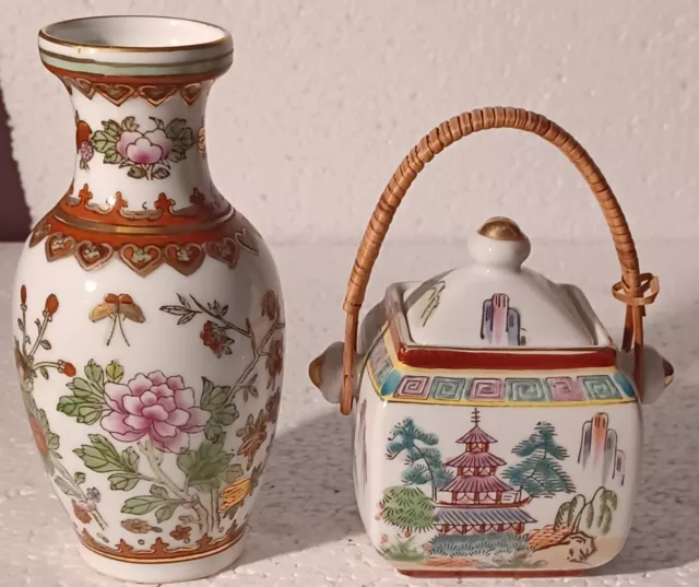 Chinese Vase Peonies Butterflies And Preserve Pot With Bamboo Handle