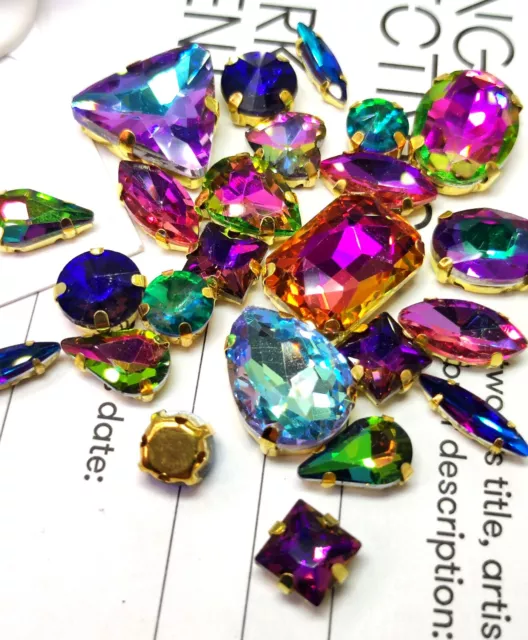 25 Pcs Mixed Rainbow Coloured AB RB Sew On Crystals Glass Gold Claw Rhinestones