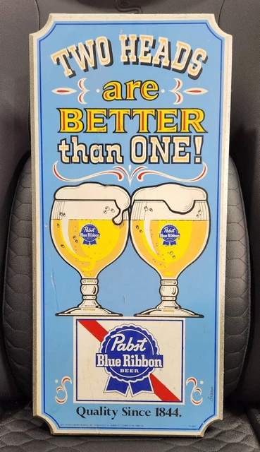Pabst Blue Ribbon 'Two Heads Are Better Than One' Wood Sign - 60s Vintage-i3j4