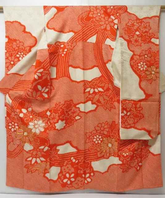 2311T10z1010 Vintage Japanese Kimono Silk FURISODE Chrysanthemum Orange-Red