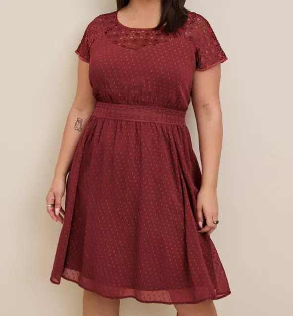 Torrid NWT 1X Mini Clip Dot Crochet Lace Skater Dress Maroon