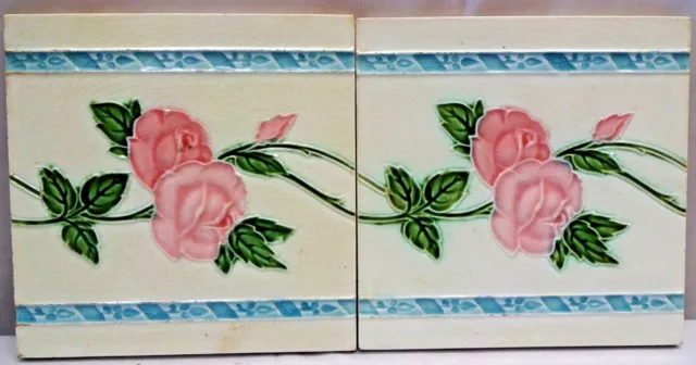 Antique Tile Art Nouveau Majolica England Rose Floral Design English Pottery 2#1