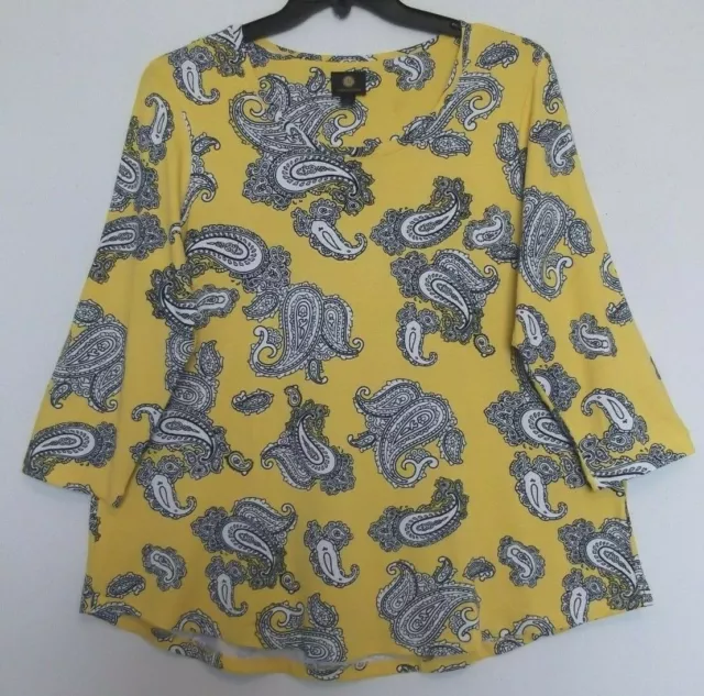 JM COLLECTION SIZE 1X Yellow & Navy paisley knit top, 3/4 sleeve NWT ...