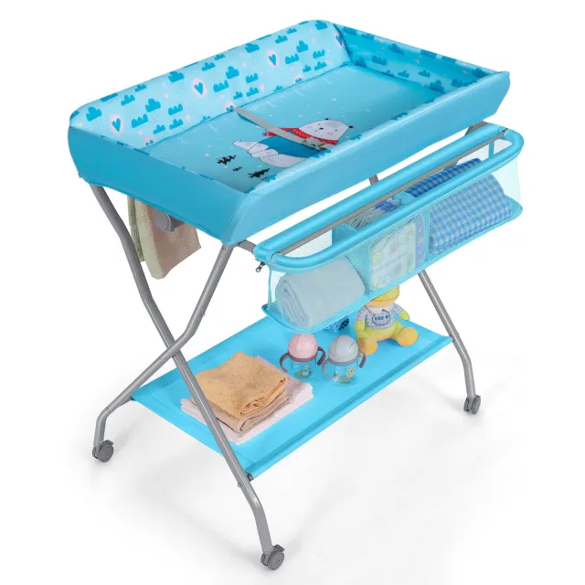 Baby Changing Table Folding Diaper Changing Station w/ Safety Belt & Wheels Blue