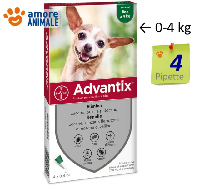 Advantix Bayer 4 pipette - Per Cani da 0 fino a 4 kg - Antiparassitario 0-4 kg