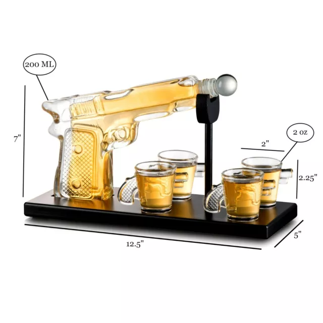 Juego de decantador de pistola de whisky - 4 gafas en forma de pistola en bandeja de caoba 2