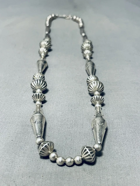 Carefully Hand Tooled Vintage Navajo Sterling Silver Button Bead Necklace Old