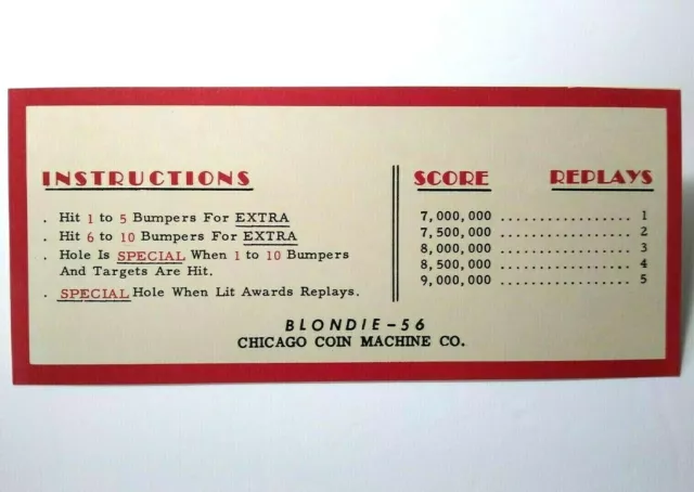 Blondie Chicago Coin 1956 Pinball Machine Score Card Instructions NOS Original