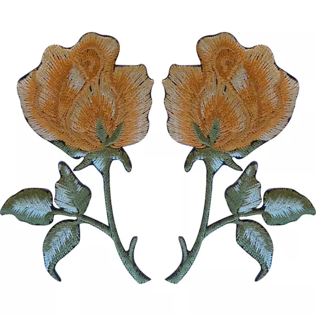Pair of Gold Rose Patches Iron On / Sew On Patch Badge Embroidered Flowers Roses