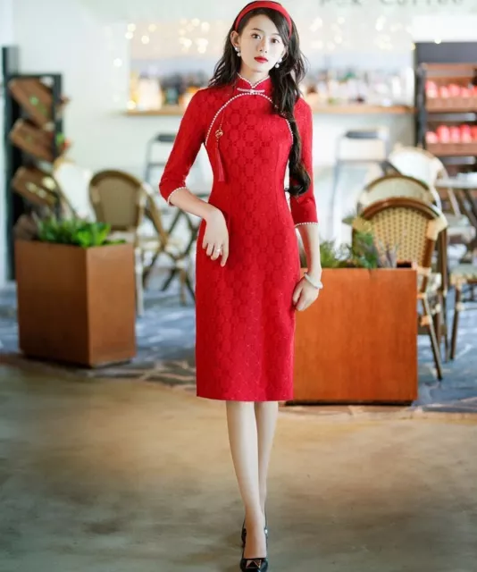 Cheong-Sam Qipao Chinese Cheongsam Dress 3/4 Sleeve Asian Traditional Oriental