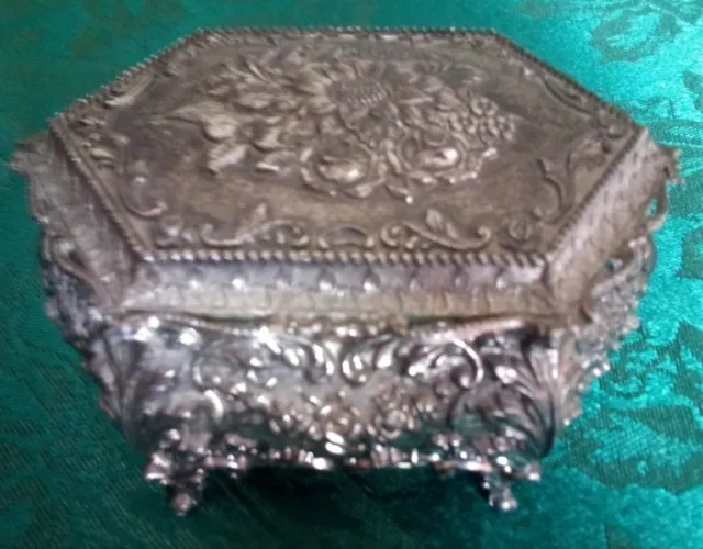 Vintage Silver Hexagon Trinket Box Very Ornate Floral Design